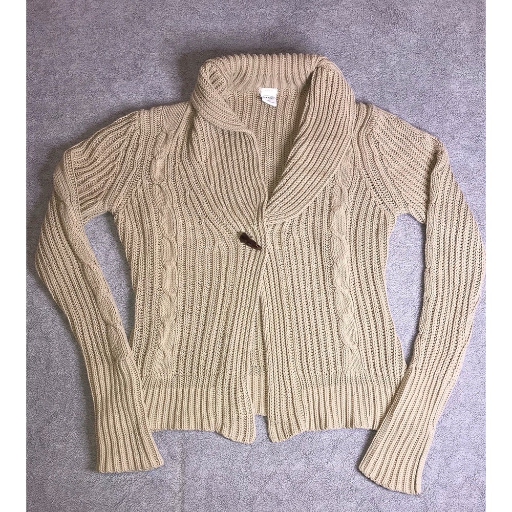 Vintage Old Navy Tan Women's XL Cable Knit Sweater Horn Button Cardigan X-Large